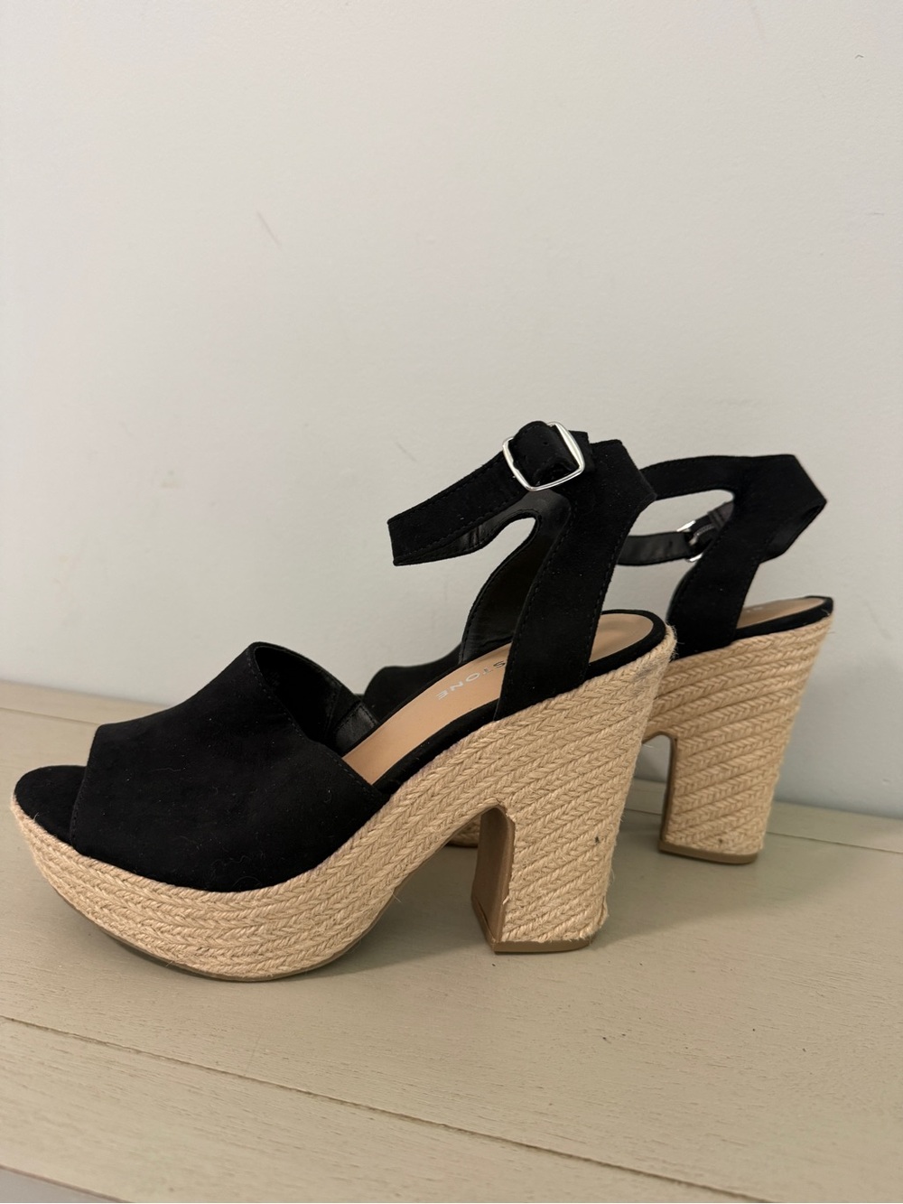 Sun + Stone Black  Platform Wedges with Espadrille Heel Size 8M